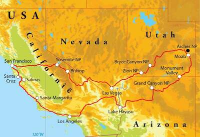 Routekaart Rondreis West-Amerika, 22 dagen hotel/kampeerreis