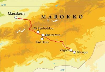 Routekaart Rondreis Marokko Saharasafari, 8 dagen