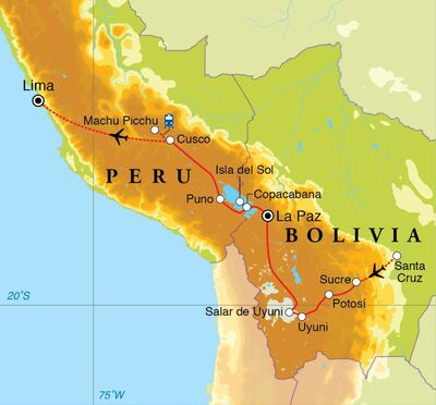 Routekaart Rondreis Bolivia & Peru, 22 dagen