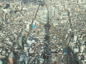Uitzicht over Tokyo vanuit Tokyo Skytower met schaduw vd Skytower over Tokyo.