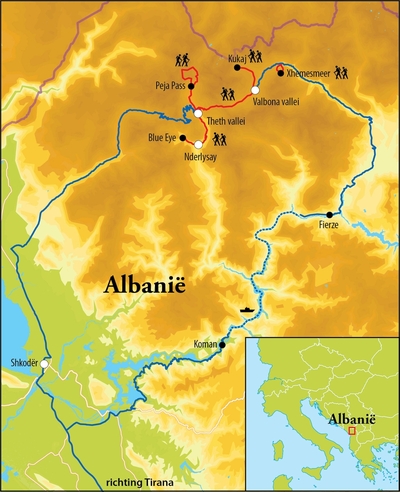 Routekaart Wandelreis Albanië, 8dgn