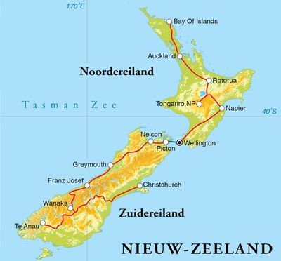 Routekaart Rondreis Nieuw-Zeeland, 25 dagen