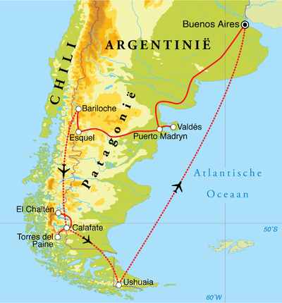 Routekaart Rondreis Argentinië & Chili, 23 dagen