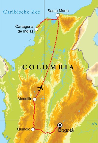 Routekaart Rondreis Colombia, 14 dagen