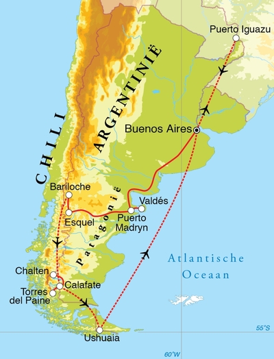 Routekaart Rondreis Argentinië, Chili & Iguaçu, 26 dagen
