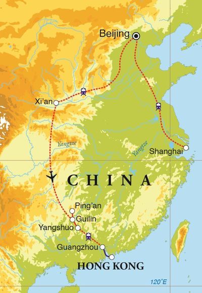 Routekaart Rondreis China, 18 dagen