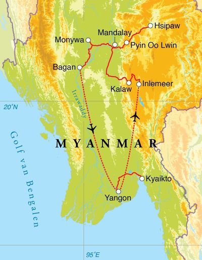 Routekaart Rondreis Myanmar, 21 dagen