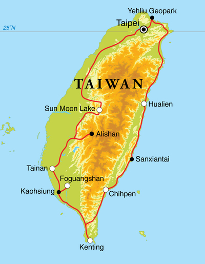 Routekaart Rondreis Taiwan, 15 dagen