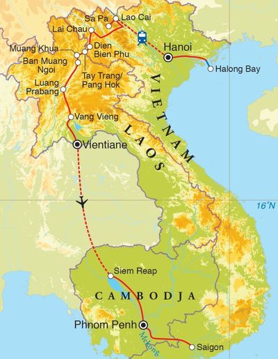 Routekaart Rondreis Vietnam, Laos & Cambodja, 23 dagen