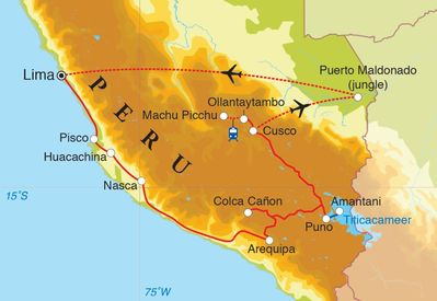 Routekaart Rondreis Peru met Amazone, 24 dagen