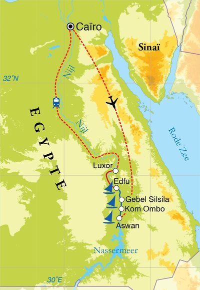 Routekaart Rondreis Egypte, Nijlvallei en zeilcruise, 11 dagen