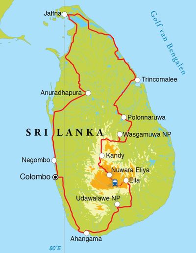 Routekaart Rondreis Sri Lanka, 21 dagen