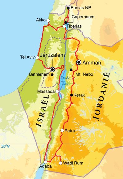 Routekaart Rondreis Israël en Jordanië, 15 dagen
