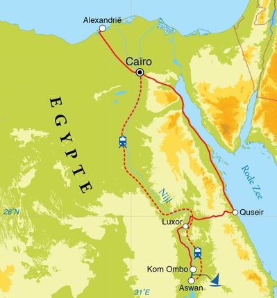 Routekaart Rondreis Egypte, woestijnen, Nijlvallei en Rode Zee, 20 dagen