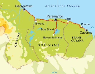Routekaart Rondreis Suriname, Guyana & Frans Guyana, 21 dagen
