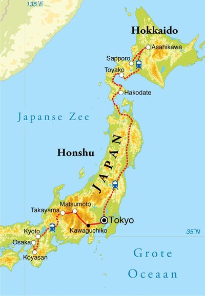 Routekaart Rondreis Japan met Hokkaido, 22 dagen