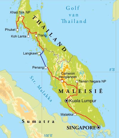 Routekaart Rondreis Thailand, Maleisië & Singapore, 21 dagen