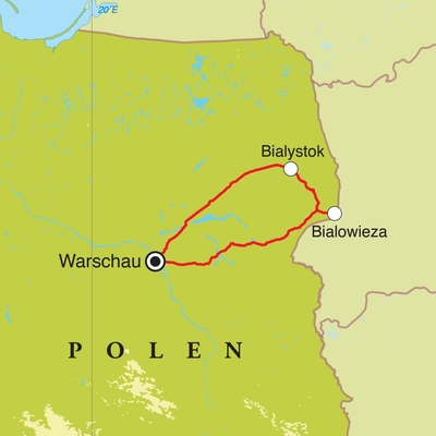 Routekaart Natuurreis Polen, 5 dagen