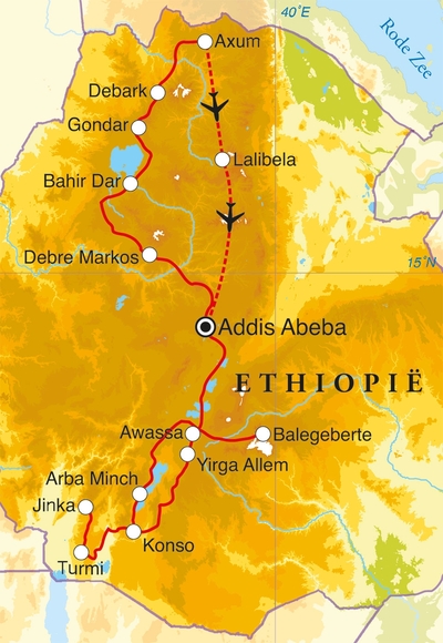 Routekaart Rondreis Ethiopië, 24 dagen