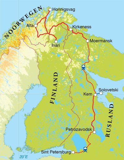 Routekaart Rondreis Rusland, Noorwegen & Finland, 15 dagen