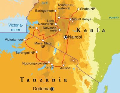 Routekaart Rondreis Kenia & Tanzania, 18 dagen lodge/hotelreis