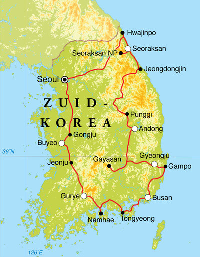 Routekaart Rondreis Zuid-Korea, 15 dagen