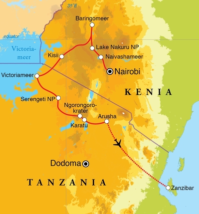 Routekaart Rondreis Kenia, Tanzania & Zanzibar, 21 dagen hotel/lodgereis