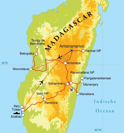 Routekaart Rondreis Madagascar, 26 dagen