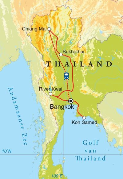 Routekaart Rondreis Thailand, 15 dagen