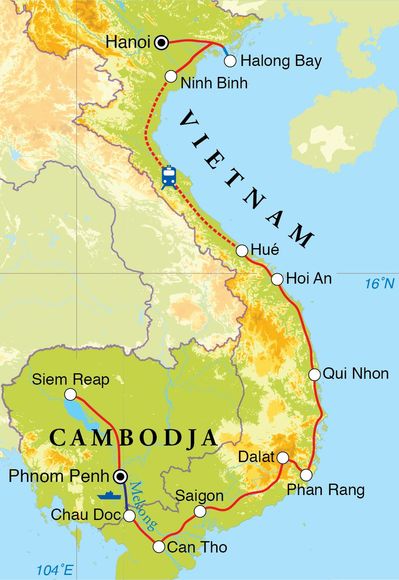 Routekaart Rondreis Vietnam & Cambodja, 27 dagen