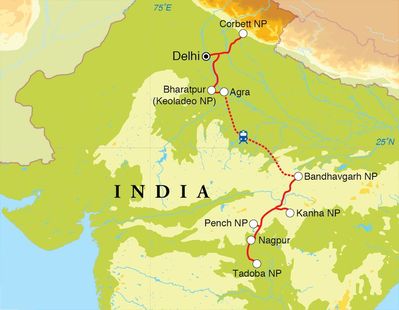 Routekaart Safarireis India, 18 dagen