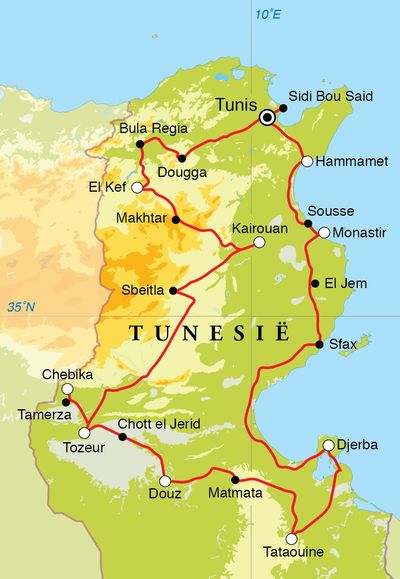 Routekaart Rondreis Tunesië, 12 dagen