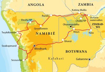 Routekaart Rondreis Namibië, Botswana & Victoriawatervallen, 21 dagen kampeerreis of hotel/lodgereis