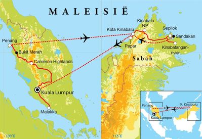Routekaart Rondreis West-Maleisië & Borneo, 20 dagen