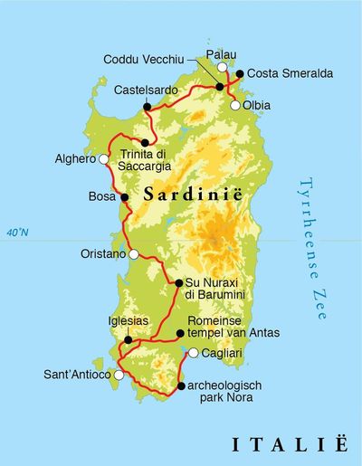 Routekaart Rondreis Sardinië, 12 dagen