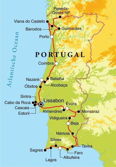 Routekaart Rondreis Portugal, 15 dagen