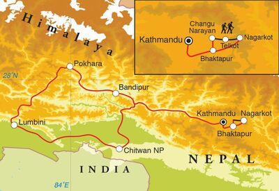Routekaart Rondreis Nepal, 16 dagen