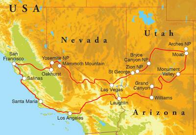 Routekaart Rondreis West-Amerika, 21 dagen hotelreis