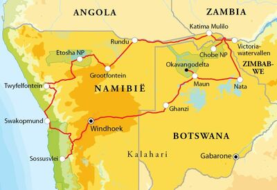 Routekaart Rondreis Namibië, Botswana & Victoriawatervallen, 21 dagen kampeerreis of hotel/lodgereis