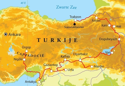 Routekaart Rondreis Turkije-Oost, 20 dagen