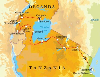 Routekaart Rondreis Oeganda, Tanzania & Zanzibar, 21 dagen hotel/kampeerreis