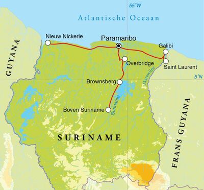 Routekaart Rondreis Suriname, 20 dagen