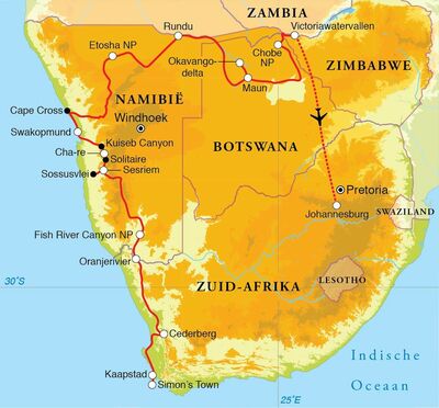 Routekaart Rondreis Zuid-Afrika, Botswana, Namibië & Victoriawatervallen, 24 dagen kampeerreis