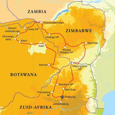 Routekaart Rondreis Zuid-Afrika, Botswana & Zimbabwe, 21 dagen kampeer of hotel/lodge reis
