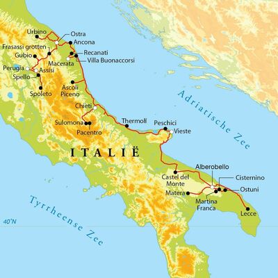 Routekaart Rondreis Oost-Italië Umbrië & de Marken, 15 dagen