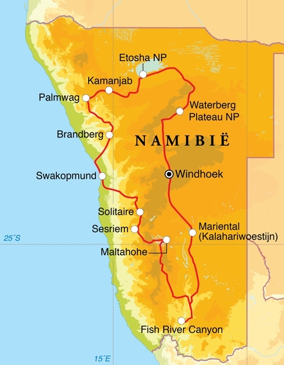 Routekaart Rondreis Namibië, 21 dagen lodge/hotelreis