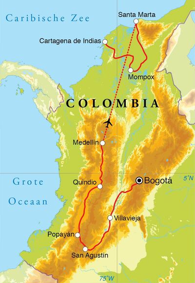 Routekaart Rondreis Colombia, 21 dagen