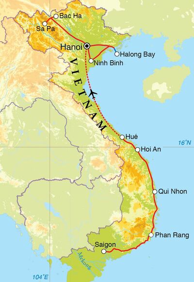 Routekaart Rondreis Vietnam, 22 dagen
