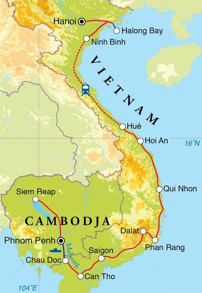Routekaart Rondreis Vietnam & Cambodja, 27 dagen