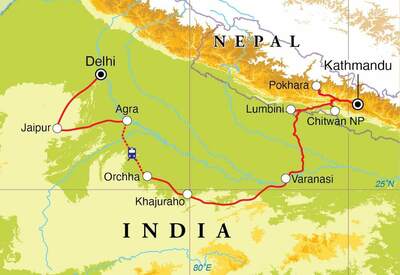 Routekaart Rondreis India & Nepal, 22 dagen
